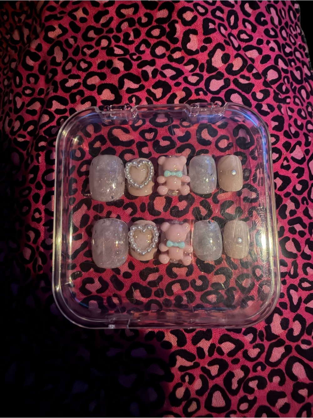 Handmade Pink Cute Bear & Heart Press-On Nail Set